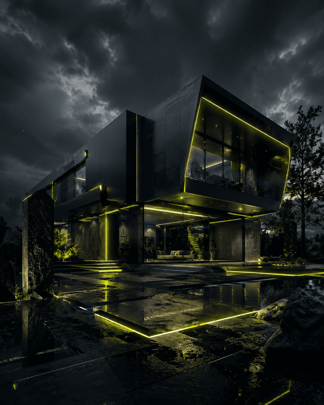 Render 3D de diseño de escenario y escenografía para un evento de marca.